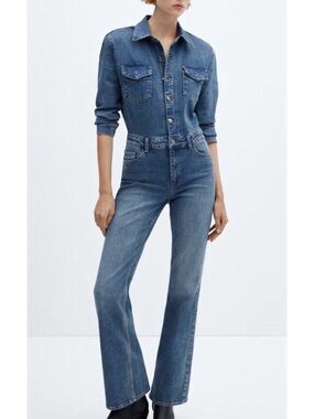 MANGO Women Medium
Long Denim Jumpsuit Shirt Collar Button Chest Pockets Cotton